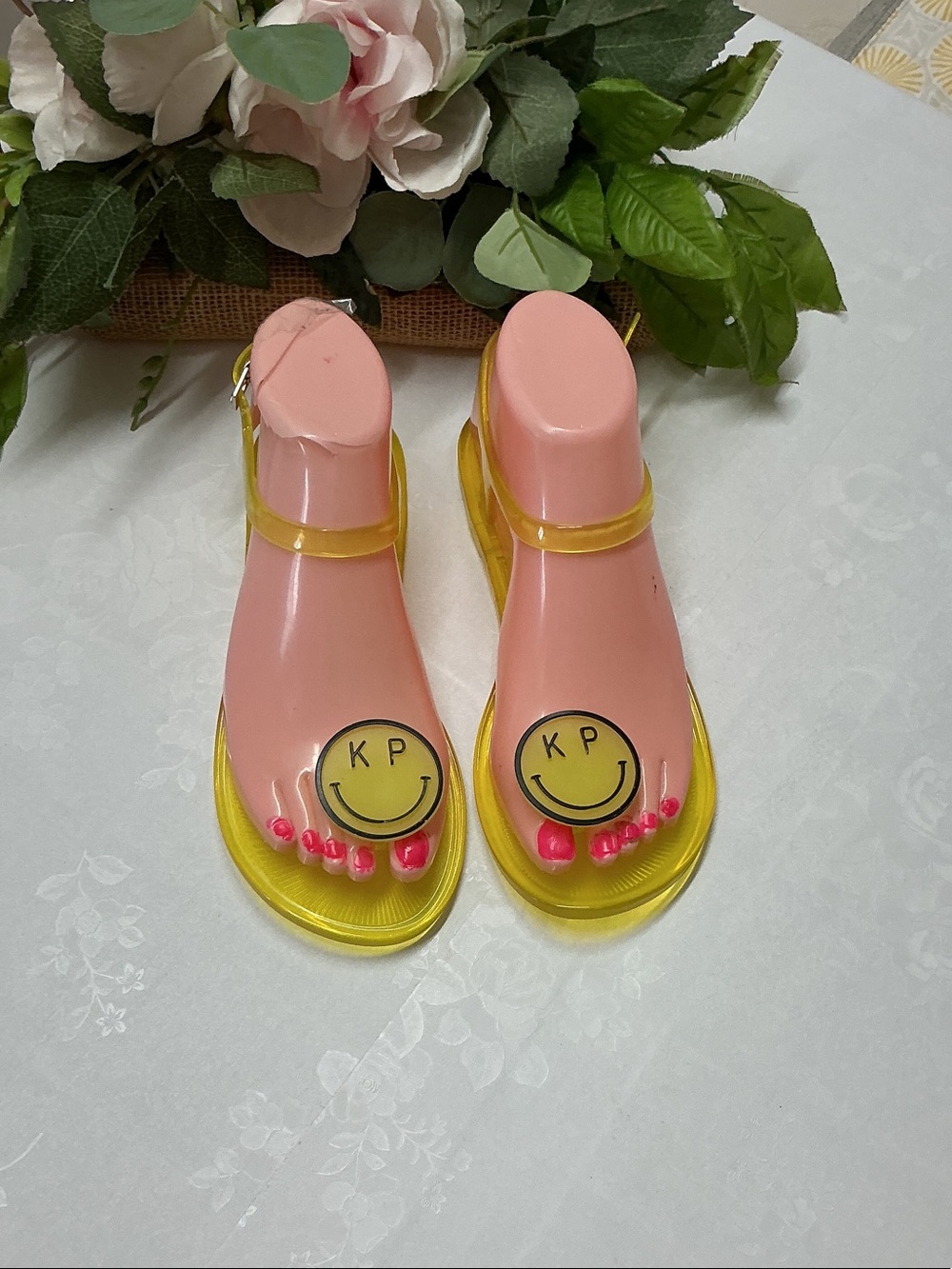 Yellow Jelly Smiley Sandals with Pink Footbed